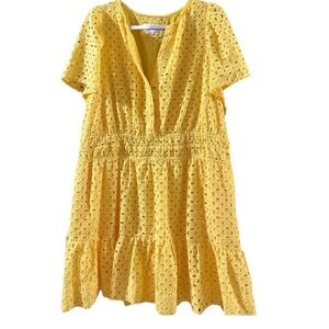 Anthropologie Somerset Mini Dress Eyelet Yellow 2X Boho sunshine brunch summer